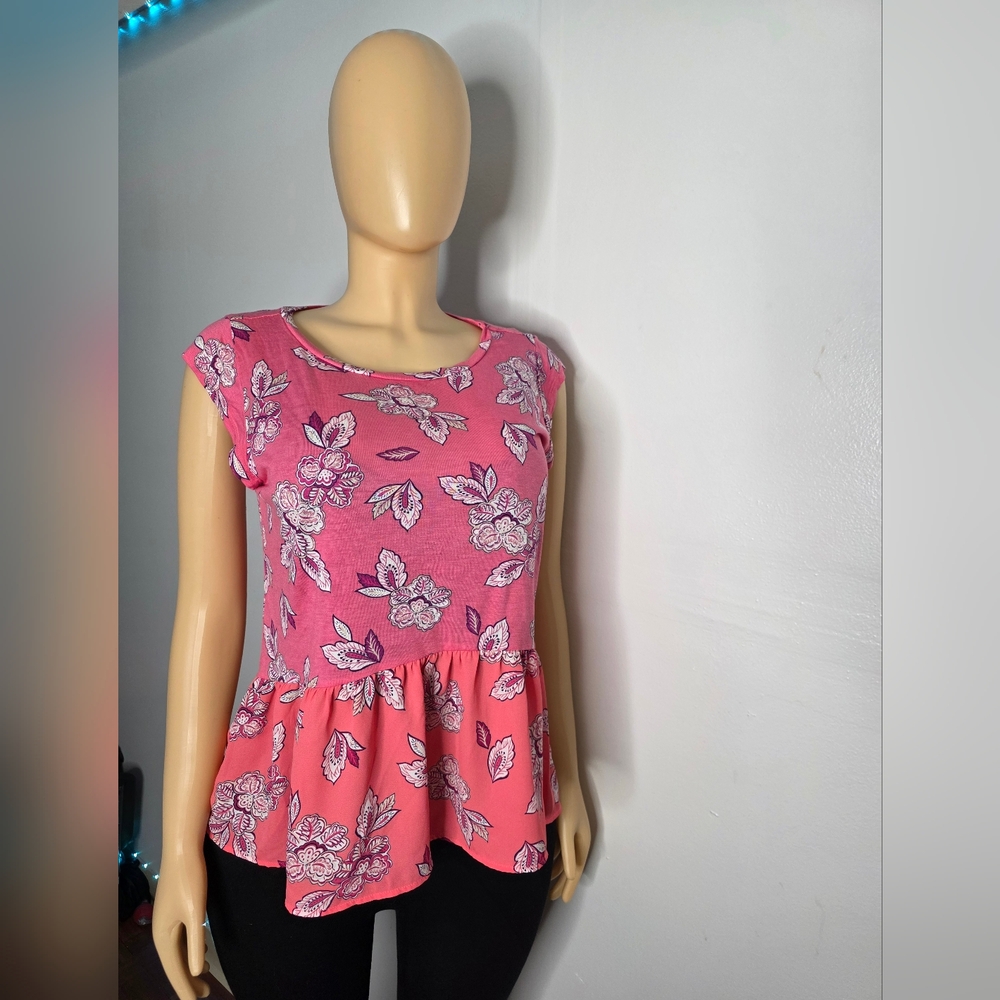 LOFT Pink Floral Peplum Blouse Size S